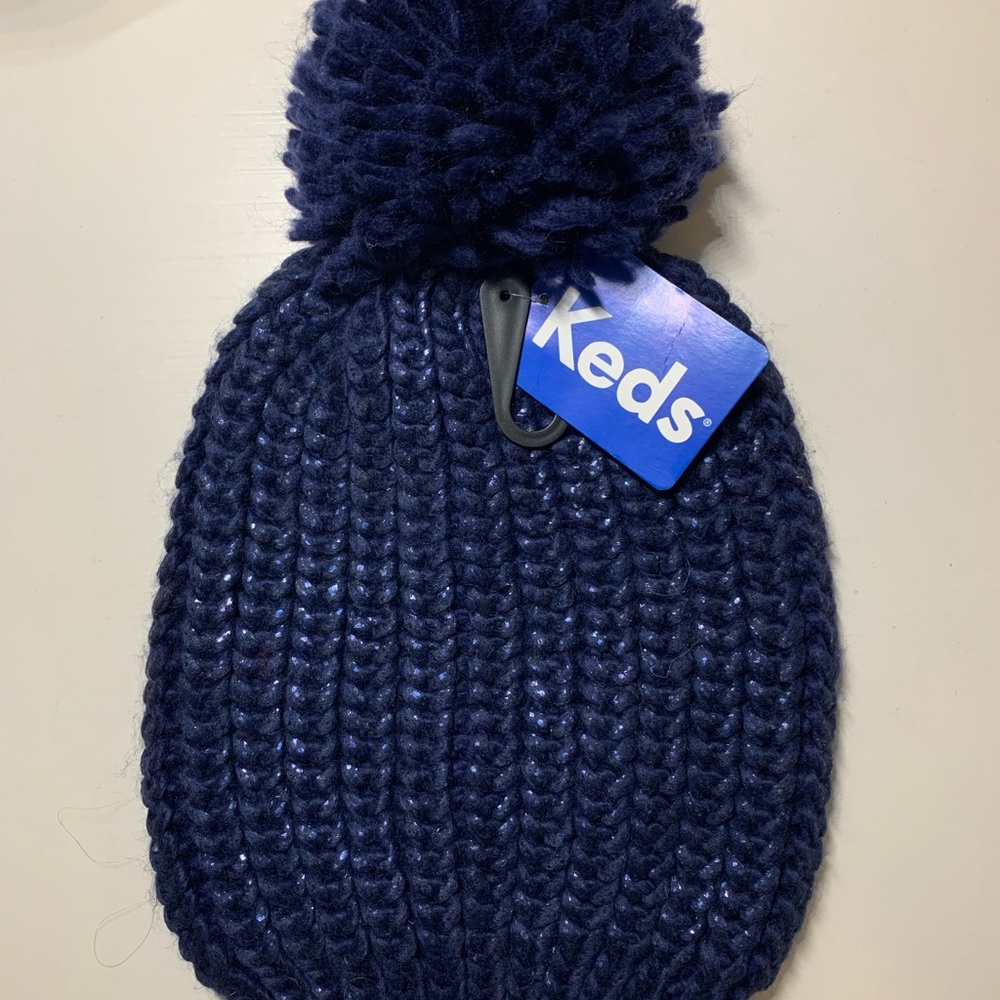 Keds Knit Navy Blue Metallic Beanie With Pom Pom